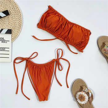 ໃໝ່ 2020 Flash Bikini Solid Strap Split Swimsuit Set Sexy Beach Swimsuit Women European and American Foreign Trade