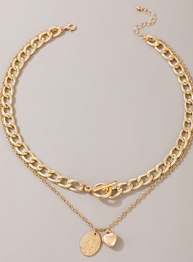 欧美跨境新款饰品复古爱心圆片项链粗链条重金属朋克双层锁骨链女