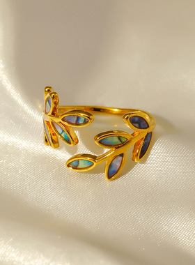 钛钢树叶开口戒指女生小众轻奢欧美不锈钢设计感戒指跨境新品