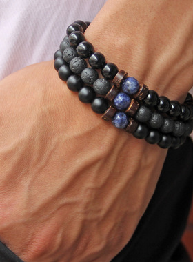 wish跨境爆款椰木片火山石男士手链仿黑曜石瑜伽能量手链厂家