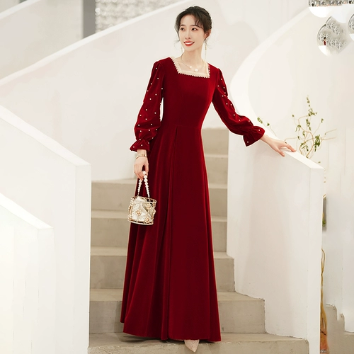 Вечернее платье, бордовый бархатный лонгслив, осеннее весеннее свадебное платье, большой размер, коллекция 2023, по фигуре