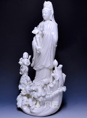 童子拜观音佛像风水摆件德化白瓷