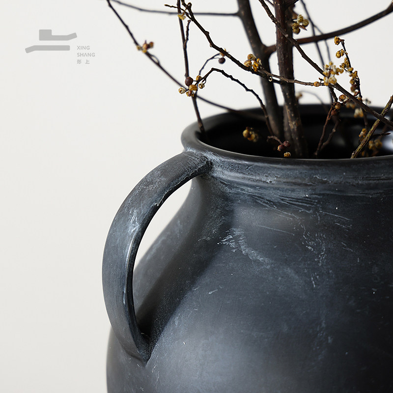 形上侘寂风复古陶瓷花瓶黑色三耳陶罐法式中古风水培花器摆件,淘宝优惠券,粉丝福利购,淘宝优惠卷