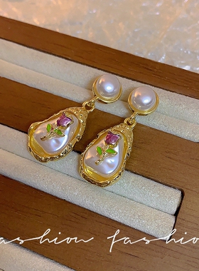 莫奈秘密花园油画风珍珠耳饰耳环