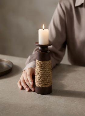 复古木质麻绳烛台桌面装饰摆件