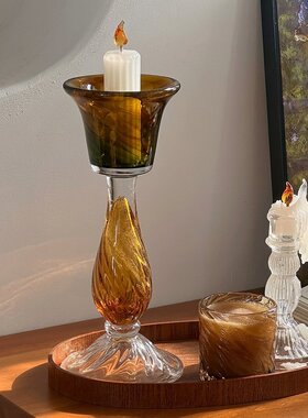 复古彩色玻璃烛台杯架氛围装饰