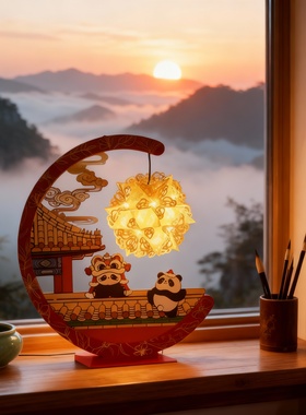 中式古典熊猫木质台灯摆件