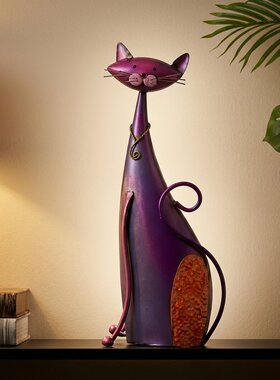 紫色长颈猫咪雕塑桌面摆件礼物