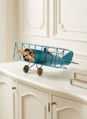 蓝色双翼飞机模型摆件复古航空