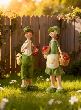 田园树脂苹果采摘人物摆件一对