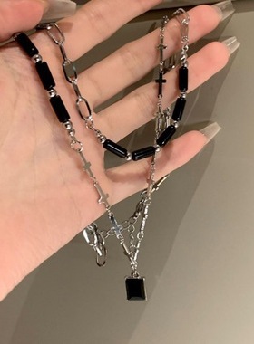 新款黑色项链女双层甜酷锁骨链颈