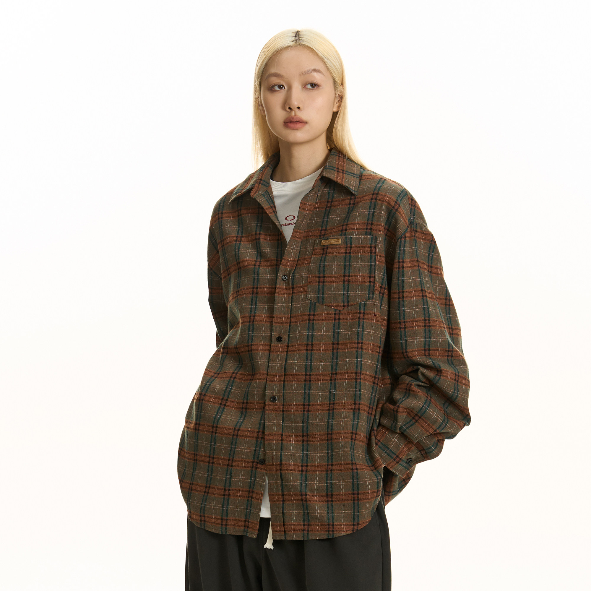 TGNS美式姜黄色磨毛格子衬衫男长袖复古格纹衬衣女休闲上衣外套