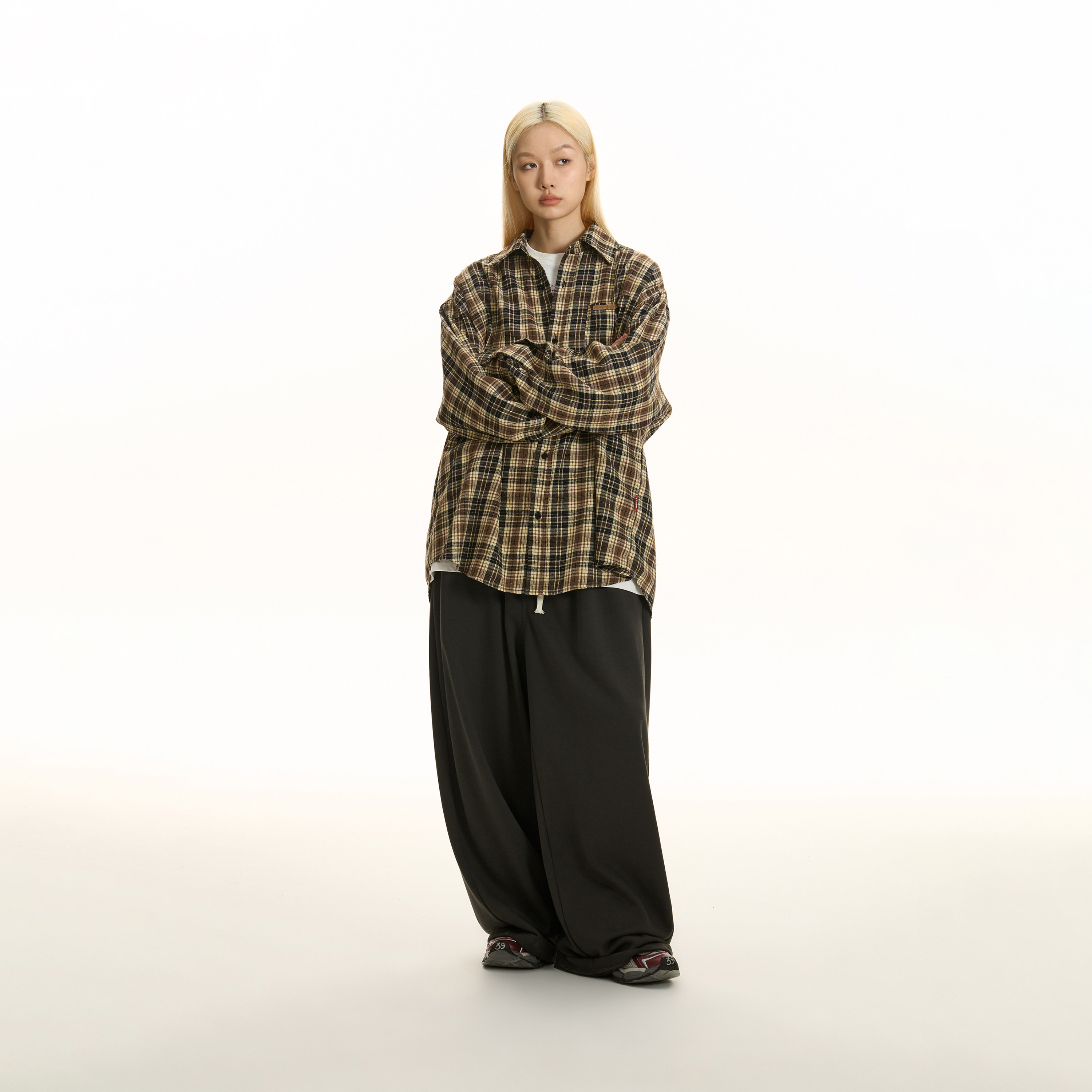 TGNS美式姜黄色磨毛格子衬衫男长袖复古格纹衬衣女休闲上衣外套