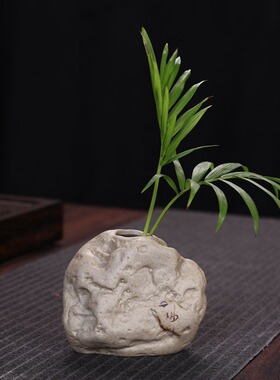 陶瓷仿石桌面小花瓶粗陶迷你铜钱草花插禅意家居摆件水培创意花器