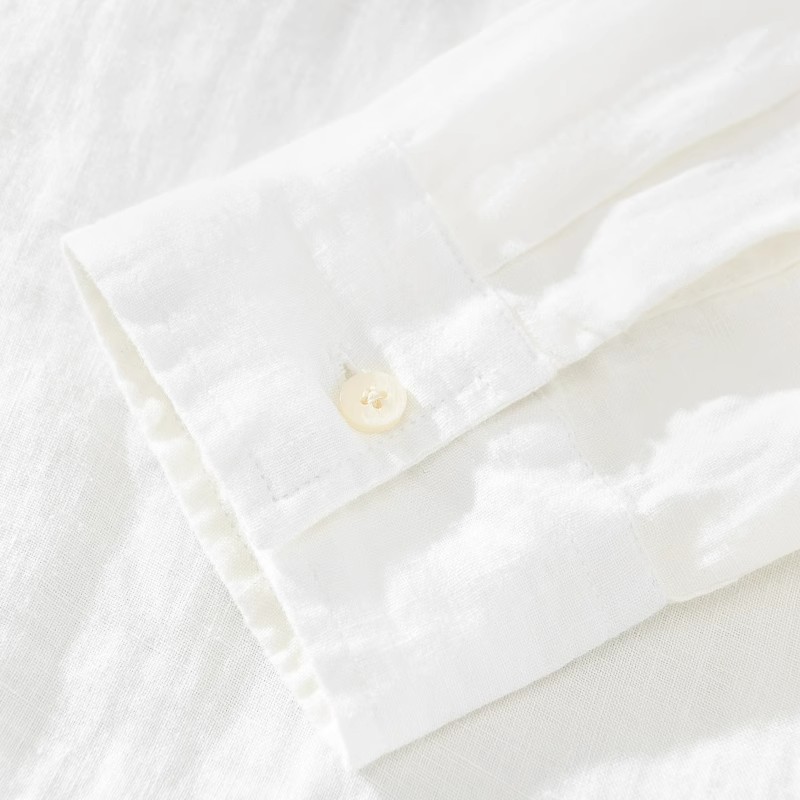 夏季薄款白色亚麻料衬衫男春季POLO领长袖衬衣休闲套头棉麻布上衣 - 图3