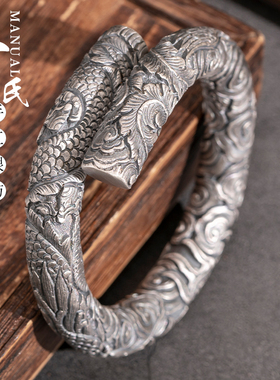 寸银坊民族风足银龙凤呈祥手镯