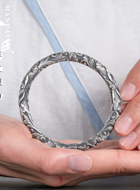 国潮定制牡丹花开古风纯银手镯