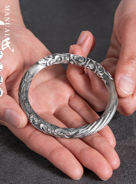 原创男士个性实心复古藏风银手镯