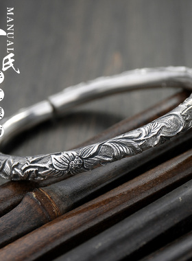 民族风云南圆柱满雕莲花纯银手镯