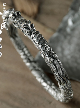 寸银坊复古浮雕双龙头复古手镯