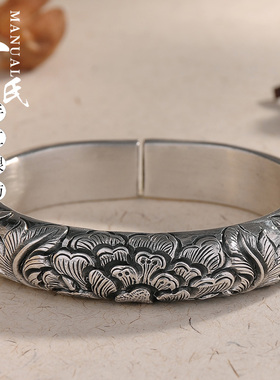 浮雕复古开口纯银手镯