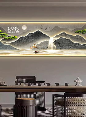 流水生财客厅装饰画背有靠山万年历时钟发光led灯画沙发背景墙画