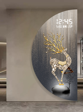 发财鹿玄关装饰画电子时钟万年历挂画入户门走廊过道壁画发光灯画