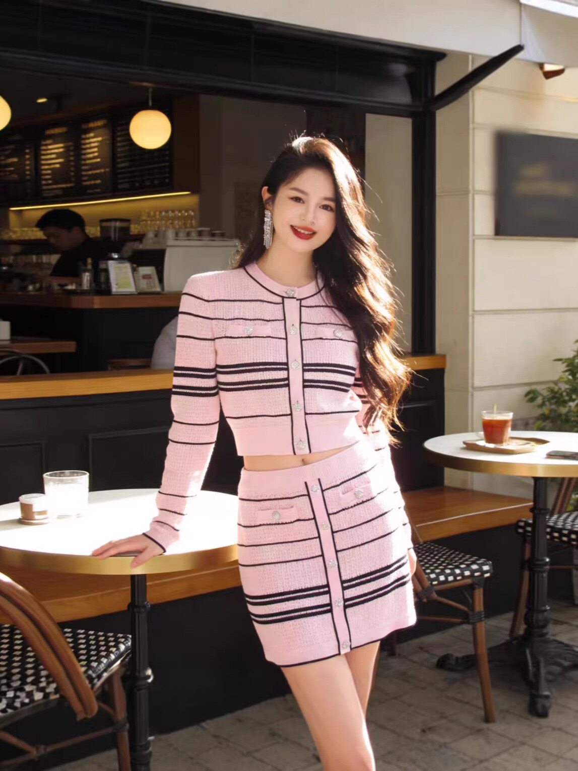 现货！SP同款2026春夏新款粉色条纹针织衫长袖上衣修身显瘦喇叭袖