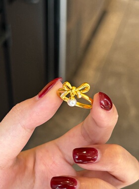 黄金蝴蝶结珍珠戒指 足金999莫桑钻对戒结婚订婚送女友生日礼物男