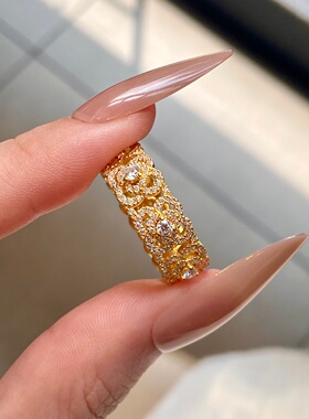 黄金玫瑰花窗戒指 足金999莫桑钻对戒结婚订婚送女友生日礼物情侣