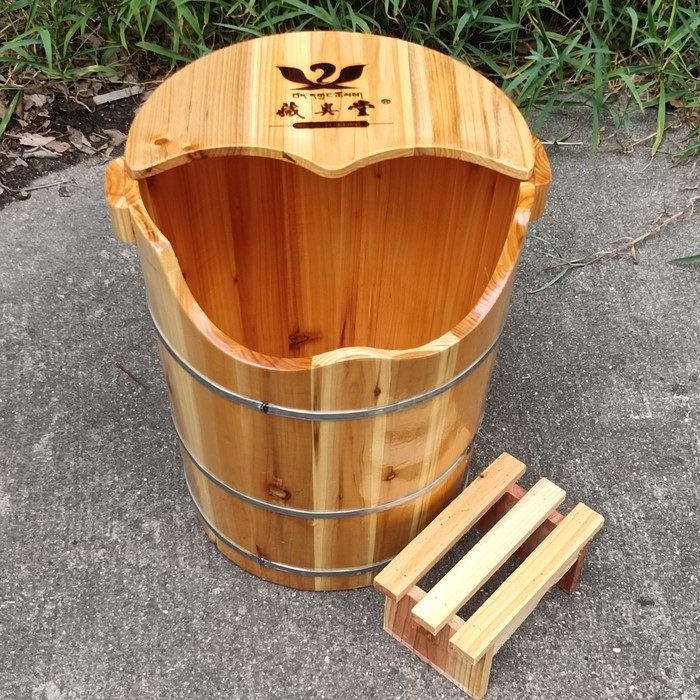 45cm高足浴桶膝盖下养生馆专用熏脚桶洗脚桶实木带盖熏蒸家用木桶,淘宝优惠券,粉丝福利购,淘宝优惠卷