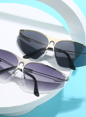 猫眼墨镜黑色未来科技感旅游拍照潮酷半框太阳镜镂空月亮海边造型