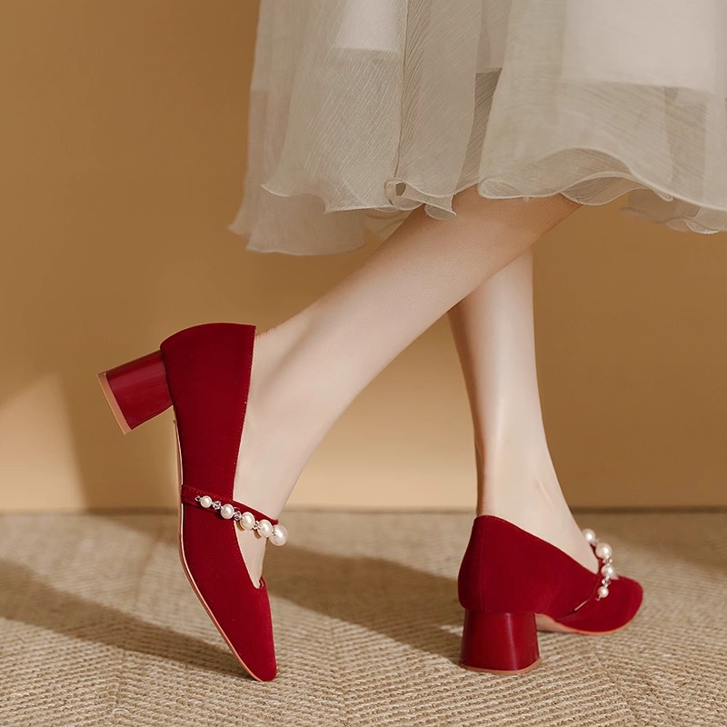 法式方头粗跟玛丽珍复古旗袍单鞋女婚宴红色高跟鞋新娘鞋秀禾婚鞋