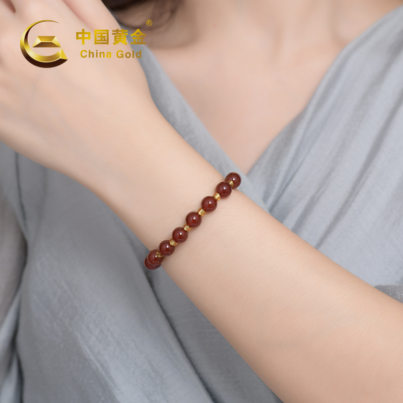 中国黄金红玛瑙玻璃手串女款轻奢小众手链红色玉石女友礼物约10g