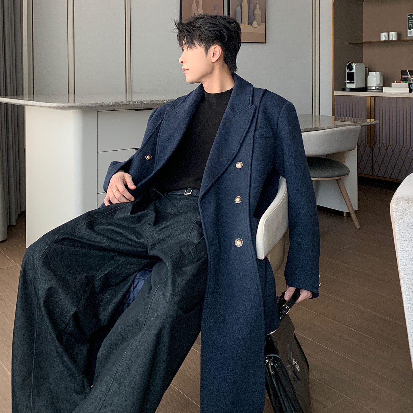 Hualun男士双排扣西装款大衣中长款简约时尚宽松痞帅加厚毛呢外套,淘宝优惠券,粉丝福利购,淘宝优惠卷