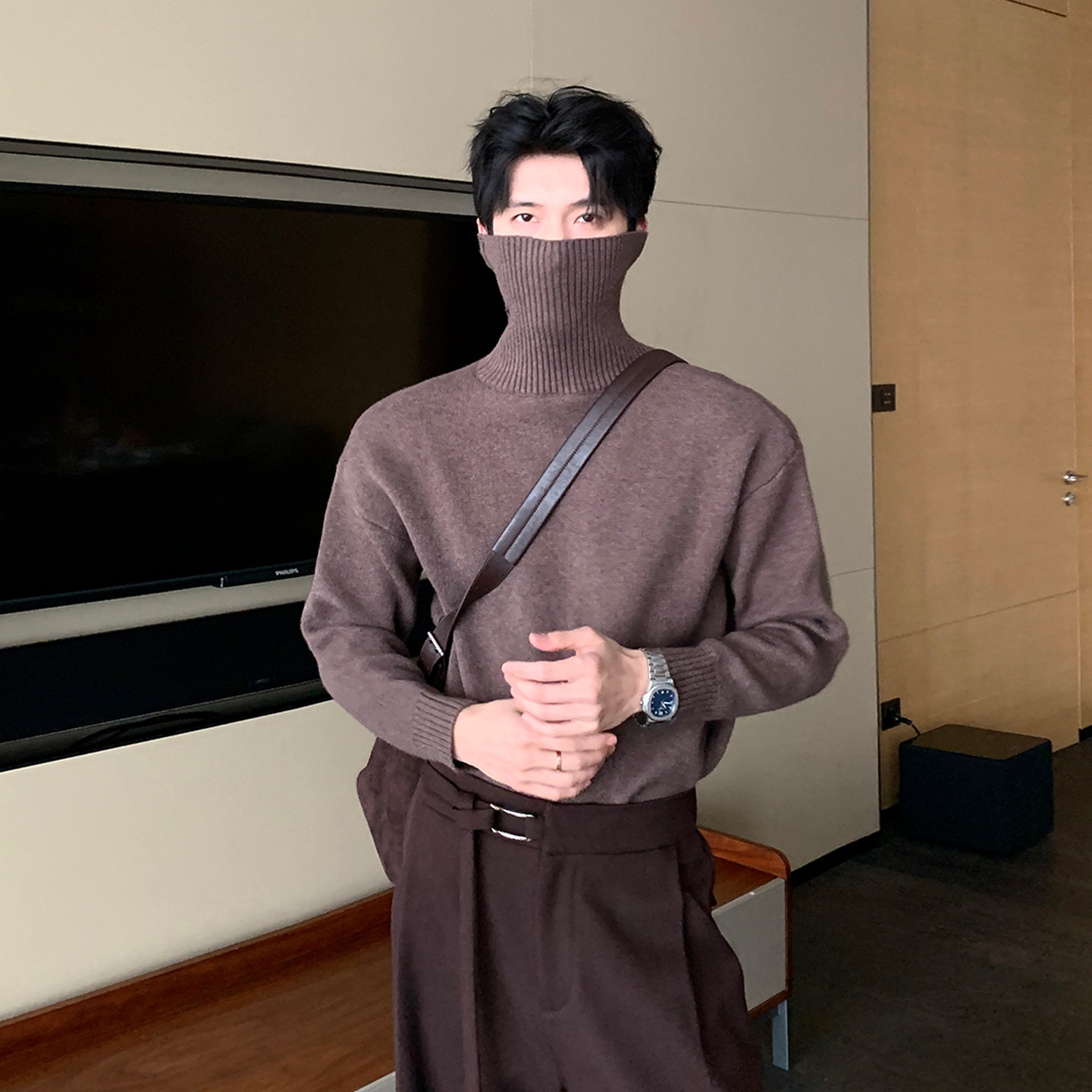 Hualun冬季高领毛衣男生简约内搭加厚罗纹针织衫宽松潮流保暖上衣,淘宝优惠券,粉丝福利购,淘宝优惠卷