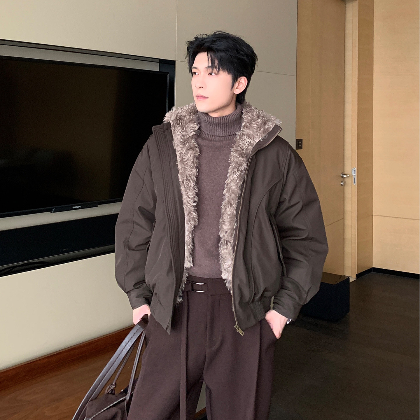 Hualun冬季绒感白鸭绒座山雕夹克羽绒服男棉衣外套男装皮毛领棉服,淘宝优惠券,粉丝福利购,淘宝优惠卷