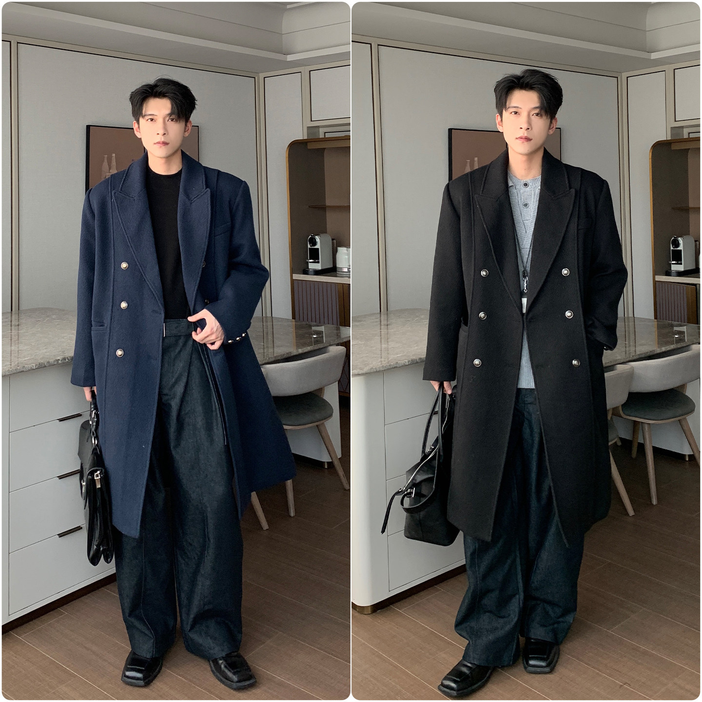 Hualun男士双排扣西装款大衣中长款简约时尚宽松痞帅加厚毛呢外套,淘宝优惠券,粉丝福利购,淘宝优惠卷