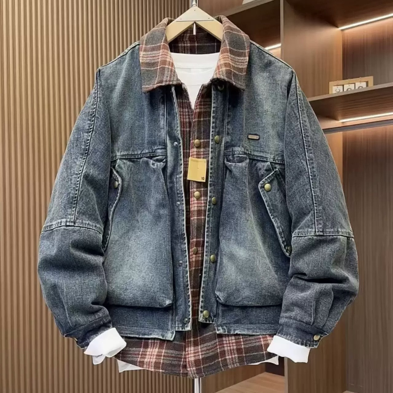 2025男士羽绒服冬季新款翻领牛仔格子拼接假两件宽松加厚保暖外套