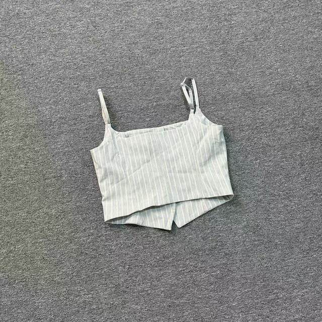 B3281 Summer new style gray light stripe vertical stripe breasted short camisole pants set two-pieces