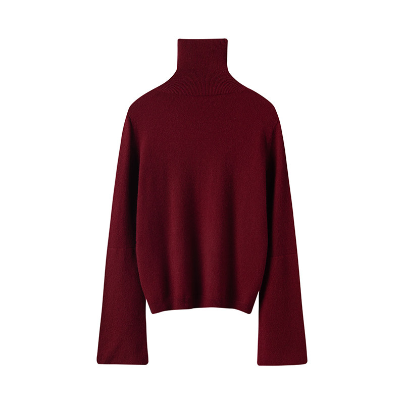 爆爱巨美~酒红色双层大廓袖高领羊绒衫女纯羊绒毛衣套头2024秋冬,淘宝优惠券,粉丝福利购,淘宝优惠卷