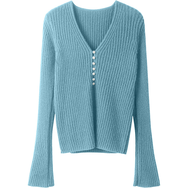 雅致大方！简约好穿珍珠扣V领纯羊绒针织开衫女喇叭袖秋冬毛衣,淘宝优惠券,粉丝福利购,淘宝优惠卷