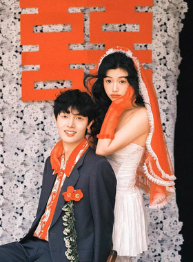 新款高级感红色个性样片写真头纱头饰森系结婚拍照写真配饰道具