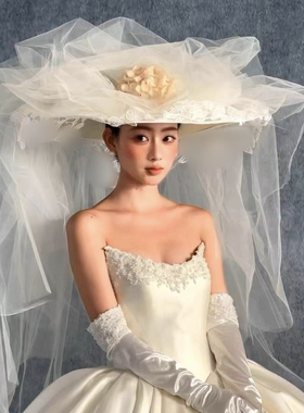 新娘法式复古抓纱礼帽帽子头纱个性拍照写真婚纱照影楼拍照道头饰