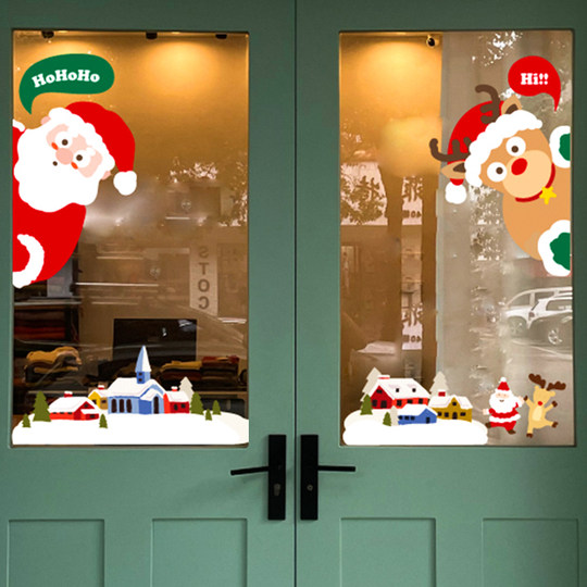 圣诞节装饰玻璃贴纸花环老人圣诞树静电贴窗花店铺门窗贴橱窗场景