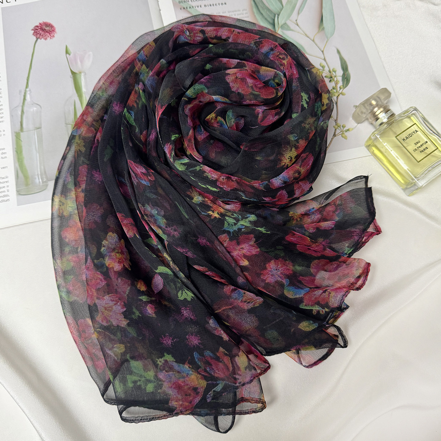 2026新款真丝桑蚕丝印花长丝巾春秋季百搭护颈围巾送礼妈妈纱巾女