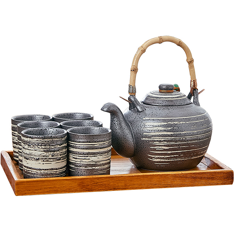 日式粗陶茶壶茶具套装家用茶馆创意和风褝意陶瓷泡茶壶黑陶提梁壶