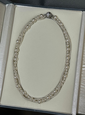 高端贝珠双层缠绕麻花磁吸扣满钻珍珠项链强光冷白叠戴锁骨链女