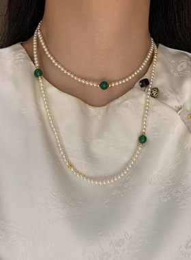 绿玉髓多层叠戴长款珍珠项链女新中式国风玛瑙旗袍配饰毛衣链颈链