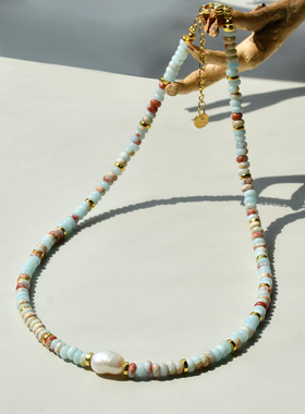 天然淡水珍珠彩色石头串珠多巴胺项链女夏天配饰新款轻奢颈链